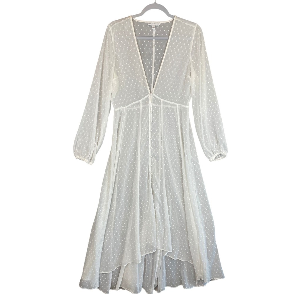 Express x Rocky Barnes White Clip Dot V-Neck Button Front Midi Dress Womens M